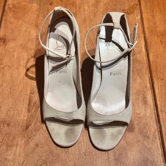 Beige Linen Peep-Toe High Heels with Ankle Strap - Sz 40 - Picture 8 of 8